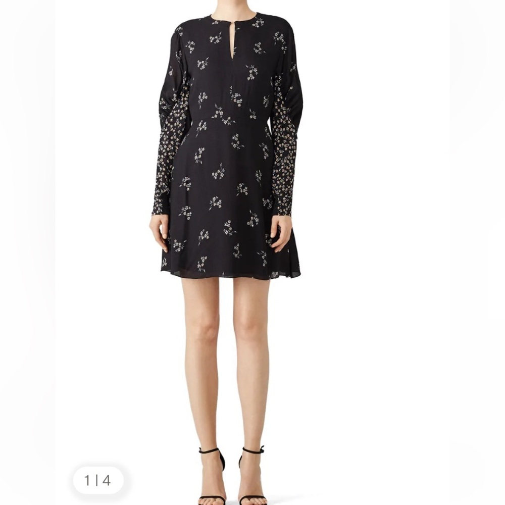 Tibi Florence black ruched sleeve fit flare floral short dress size 10 - Picture 2 of 13